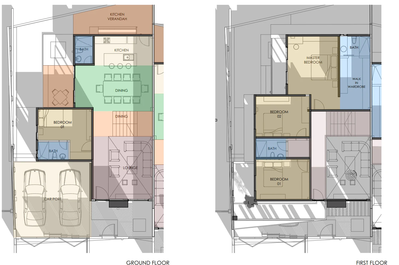 Ground floor and first floor plans of Apartment Building Type One: kitchen, public toilet, dining, lounge and maid bedroom on the ground floor, master bedroom with walk-in wardrobe and two further bedrooms above