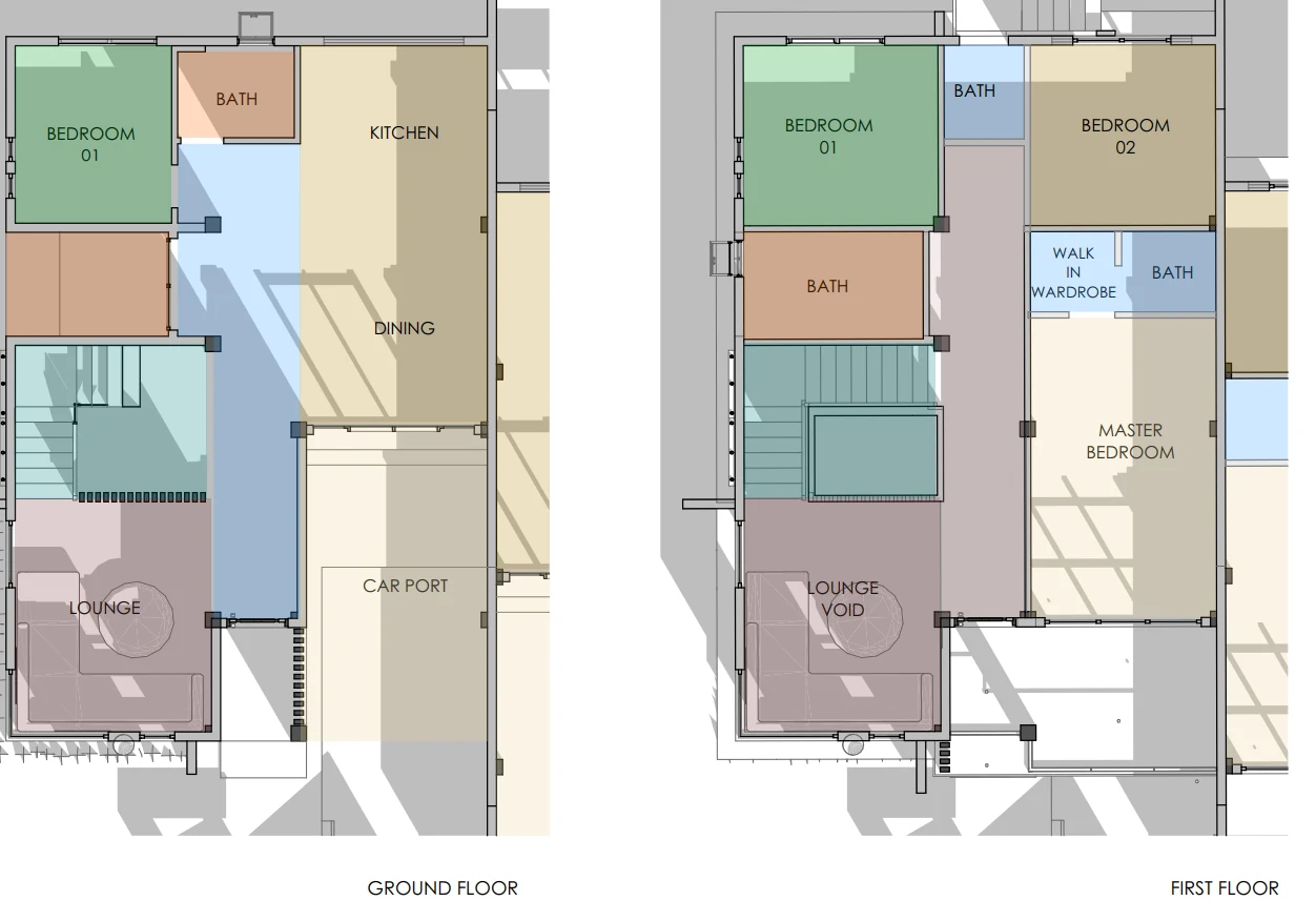 Ground floor and first floor plans of Apartment Building Type Three: kitchen, public toilet, dining, lounge and maid bedroom on the ground floor, master bedroom with walk-in wardrobe and two further bedrooms above