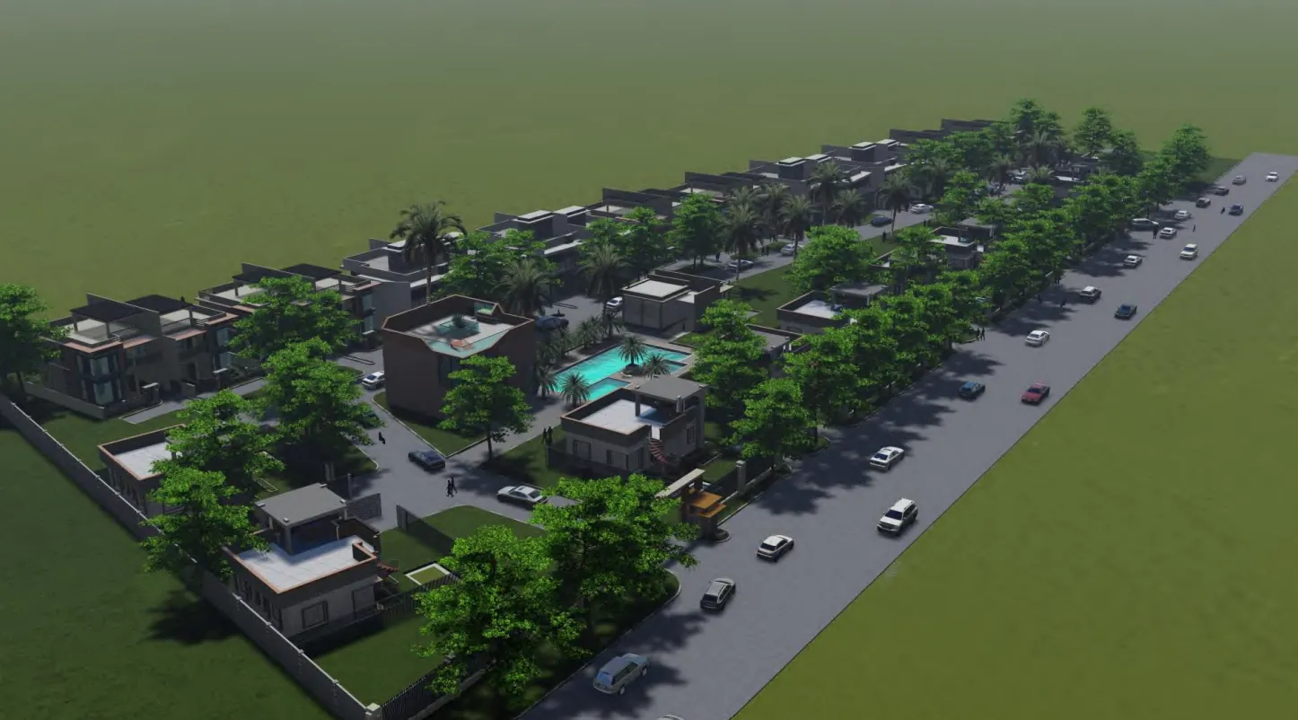 Architectural render showing the apartment blocks and landscaped communal areas