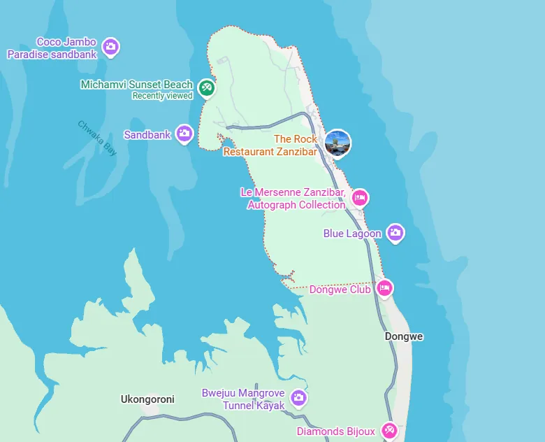 Area map showing the Michamvi Peninsula in South Unguja, Zanzibar